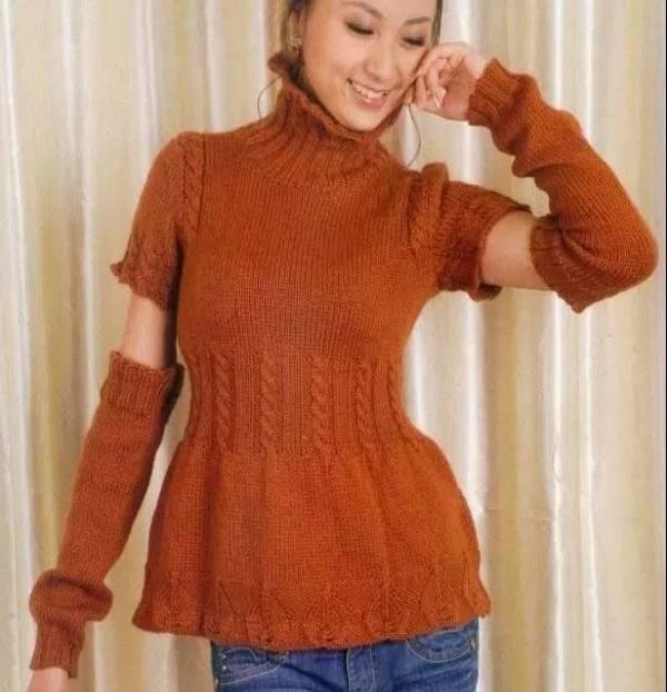 非常好看的一款女士毛衣编织款式,高领,活动袖的设计方式,让这款毛衣